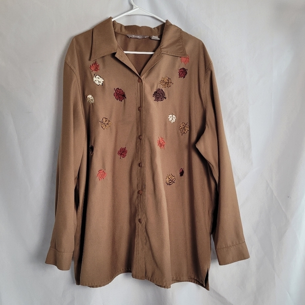 Tan Jay Brown Fall Leaves Button Up Long Sleeve Faux Suede Tunic Blouse Size 22W